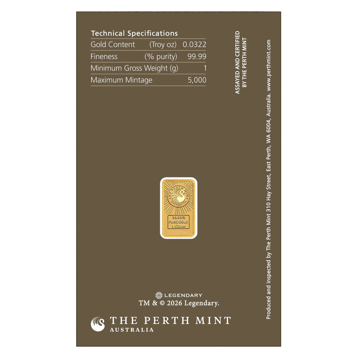 2026 Perth Mint - Dune 1G Gold Minted Bar on Card