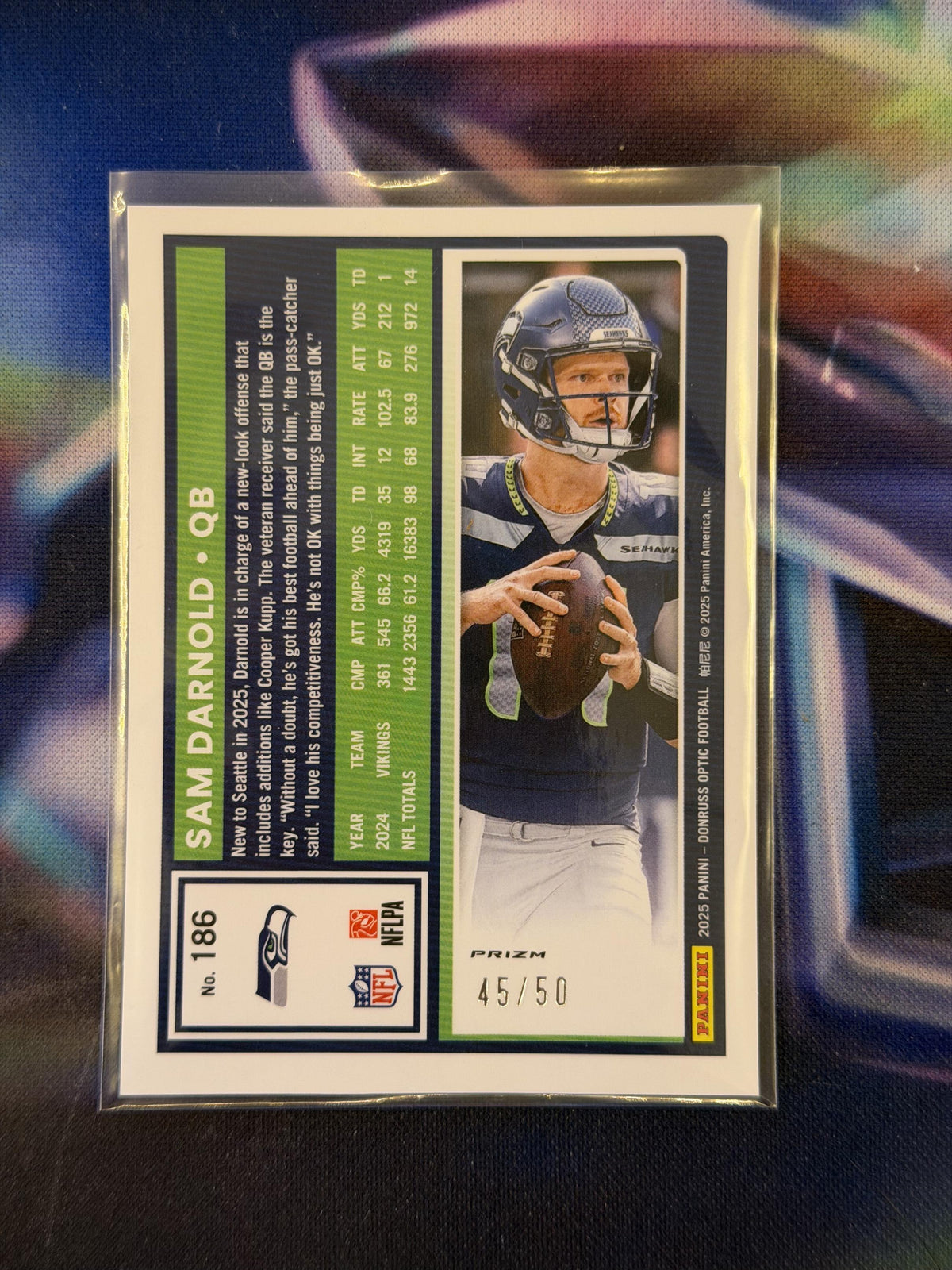 Sam Darnold Lime Green Prizm Back - 2025 Donruss Optic