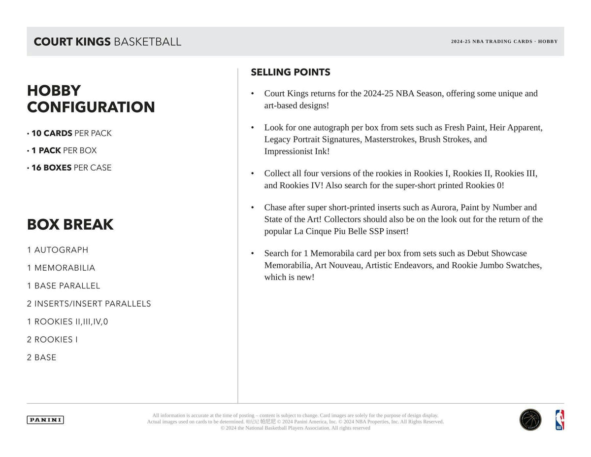 2024-25 Panini Court Kings Basketball  - Live Hobby Box - 12 Box Break - PICK YOUR TEAM