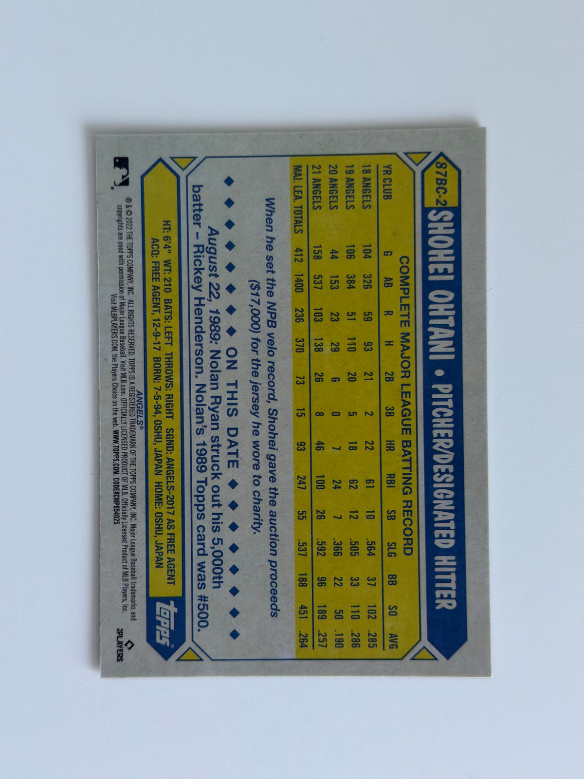 2022 Topps Chrome - Shohei Ohtani - #87BC-2 - Raw Ungraded Card