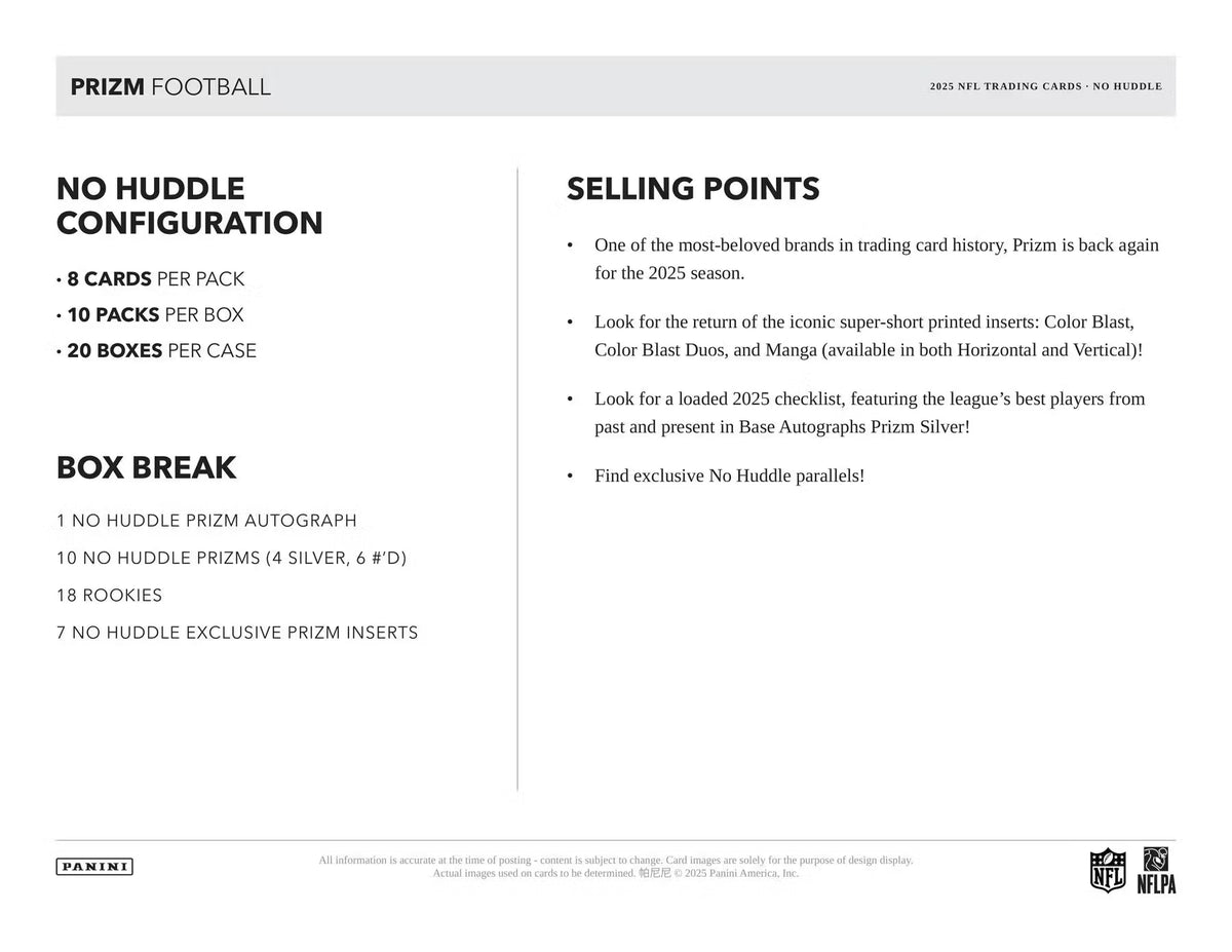 2025 Panini Prizm Football No Huddle Box - NFL Trading Card Box