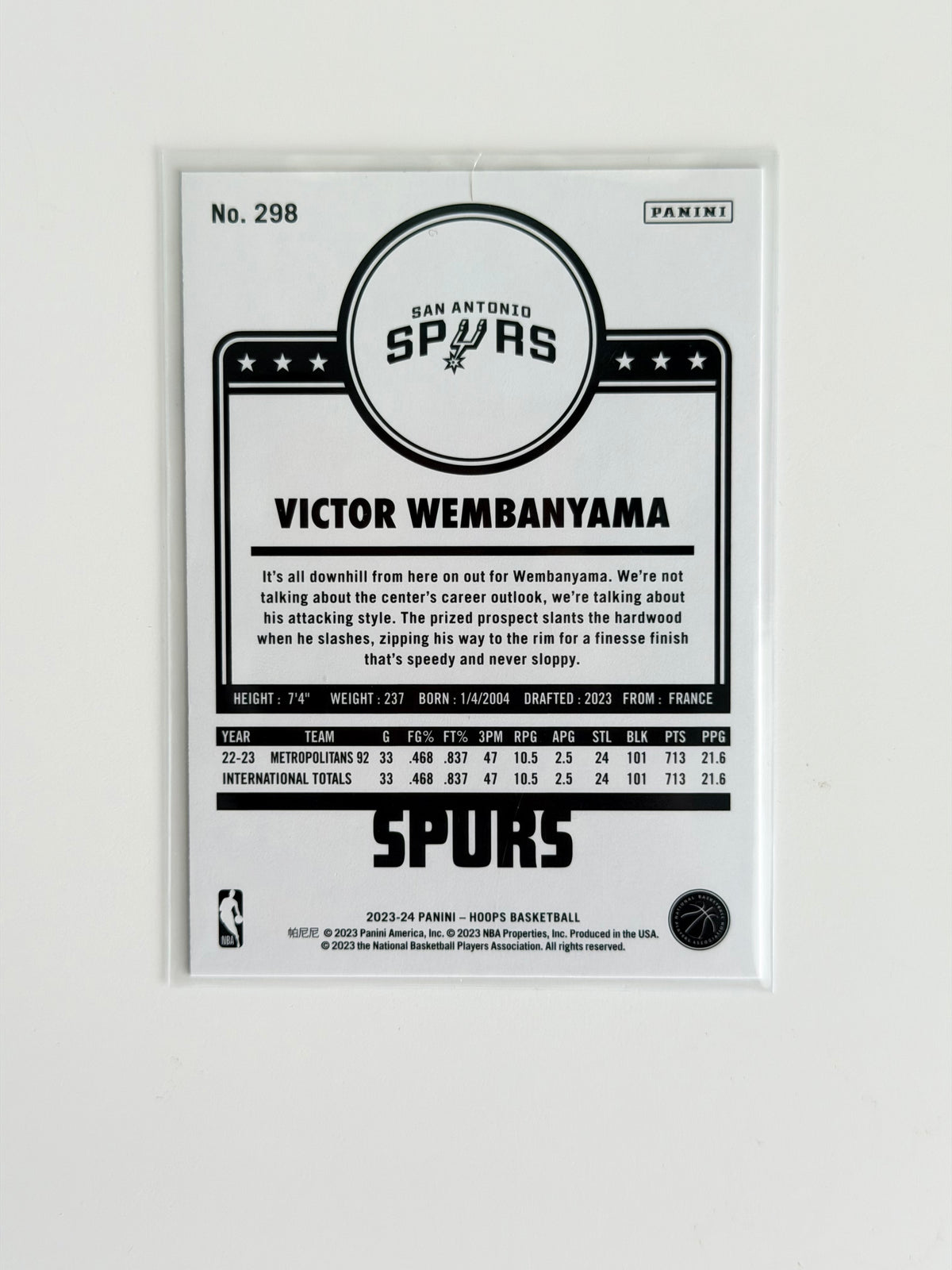 2023-24 Panini - Victor Wembanyama - NBA Hoops #298 - Tribute Rookie - Raw Ungraded Card