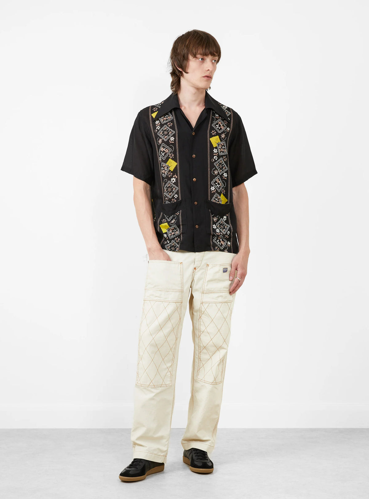 Kapital: Silk Rayon Peckish Rainbowy Wrangle Collar Cuba Shirt - Black - K2404SS174  - Made in Japan
