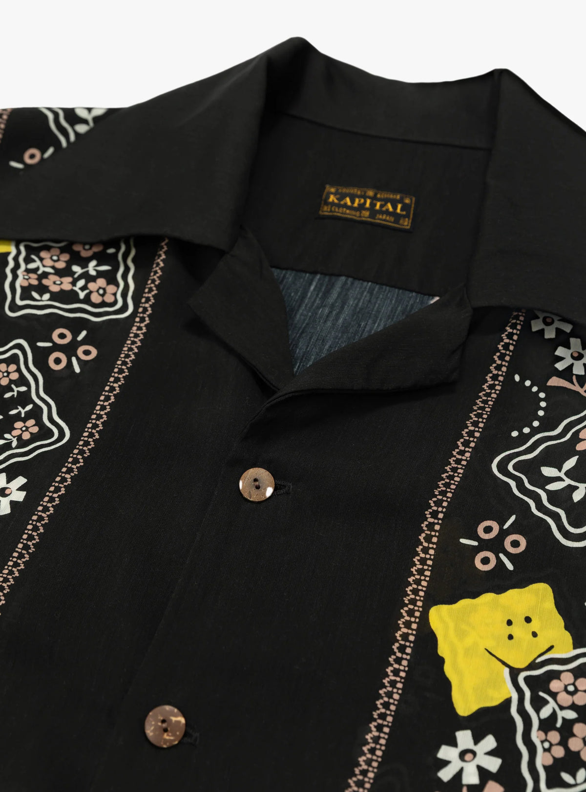 Kapital: Silk Rayon Peckish Rainbowy Wrangle Collar Cuba Shirt - Black - K2404SS174  - Made in Japan