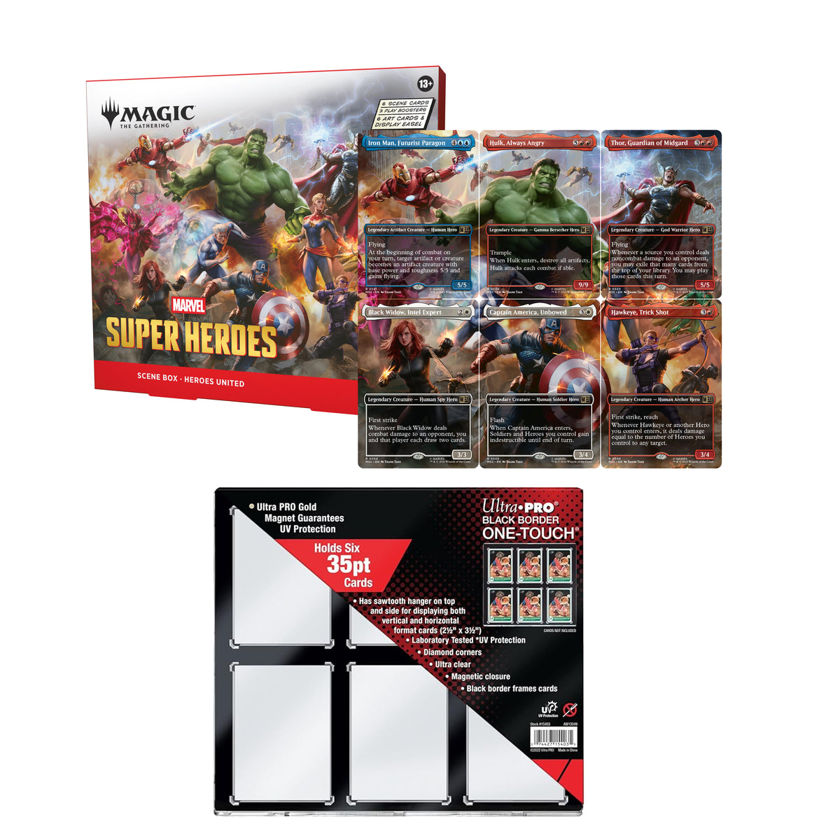 Magic The Gathering Marvel Super Heroes - Scene Box Bundle FOIL - Heroes United + One-Touch Ultra Pro Display Kit