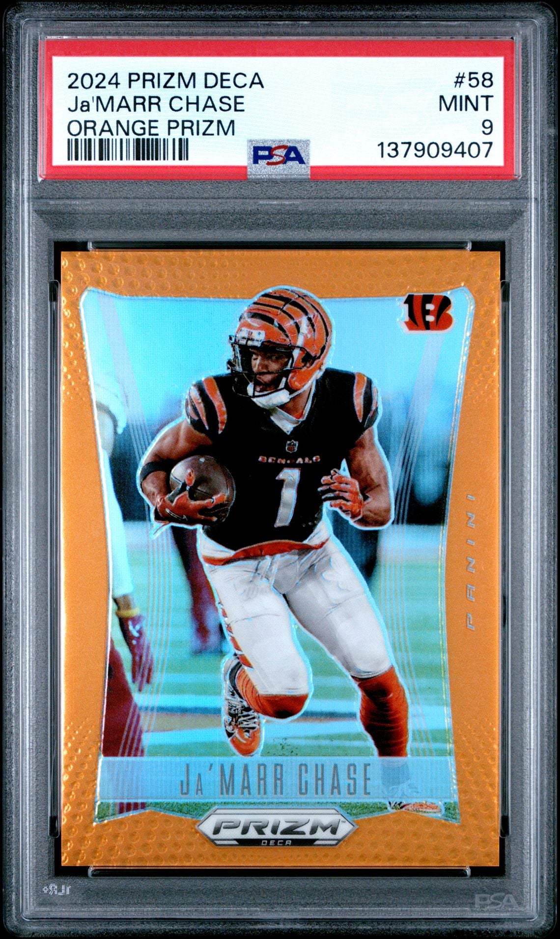 2024 Panini Prizm Deca - Ja'Marr Chase - Orange Prizms  Limited to /49 - #58 - PSA 9