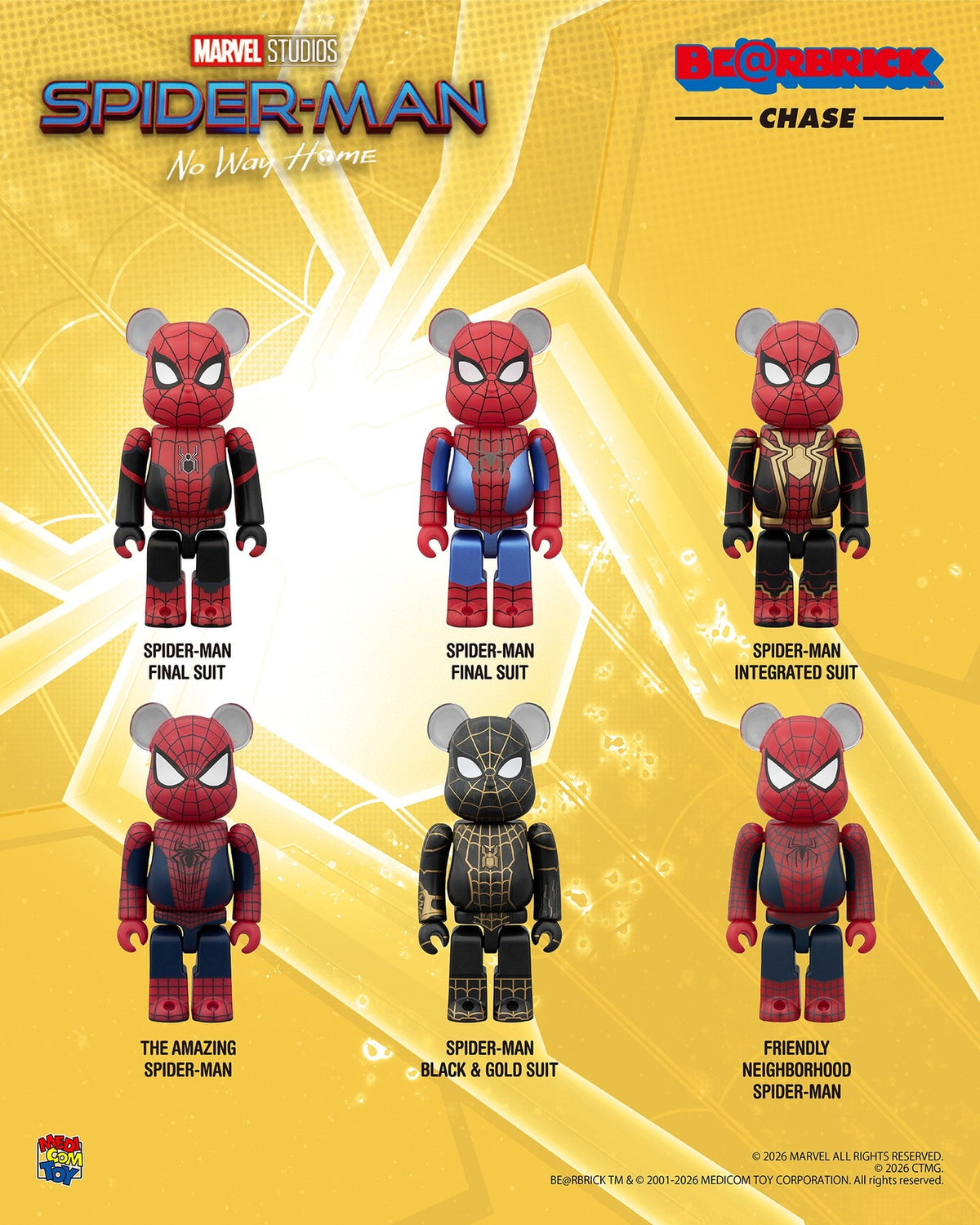 Medicom Bearbrick - Spider-Man: No Way Home - Complete Set of 6 - 100% Size - Chase Set (PRE-ORDER SEPT 2026)