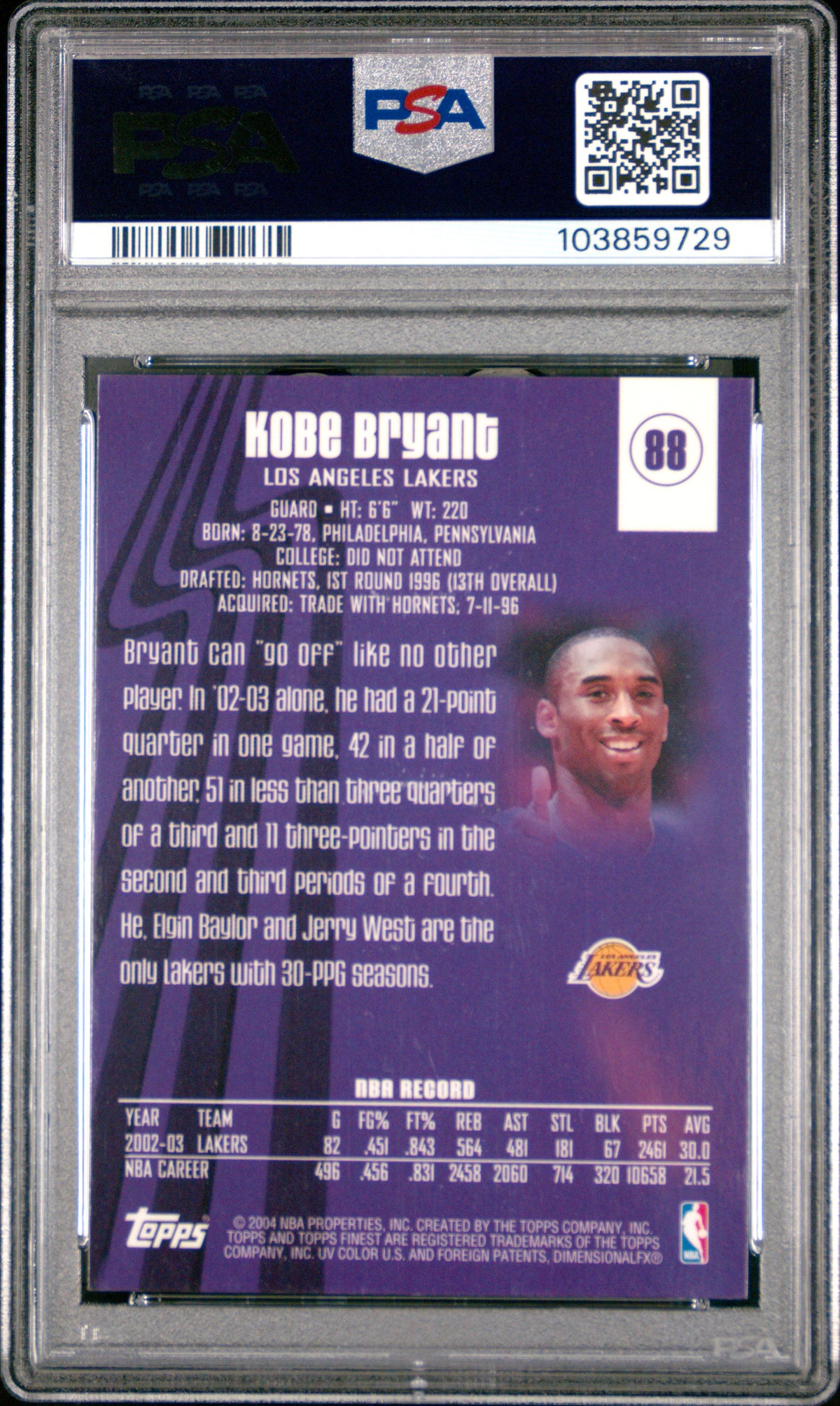 2003 Finest #88 - Kobe Bryant PSA 9 Back - Cert #103859729