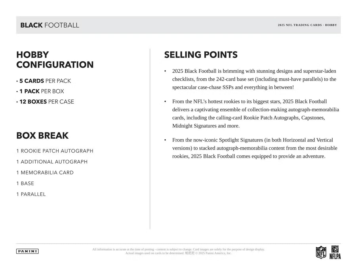 2025 Panini Black Football Hobby Box (2 Autographs Per Box)