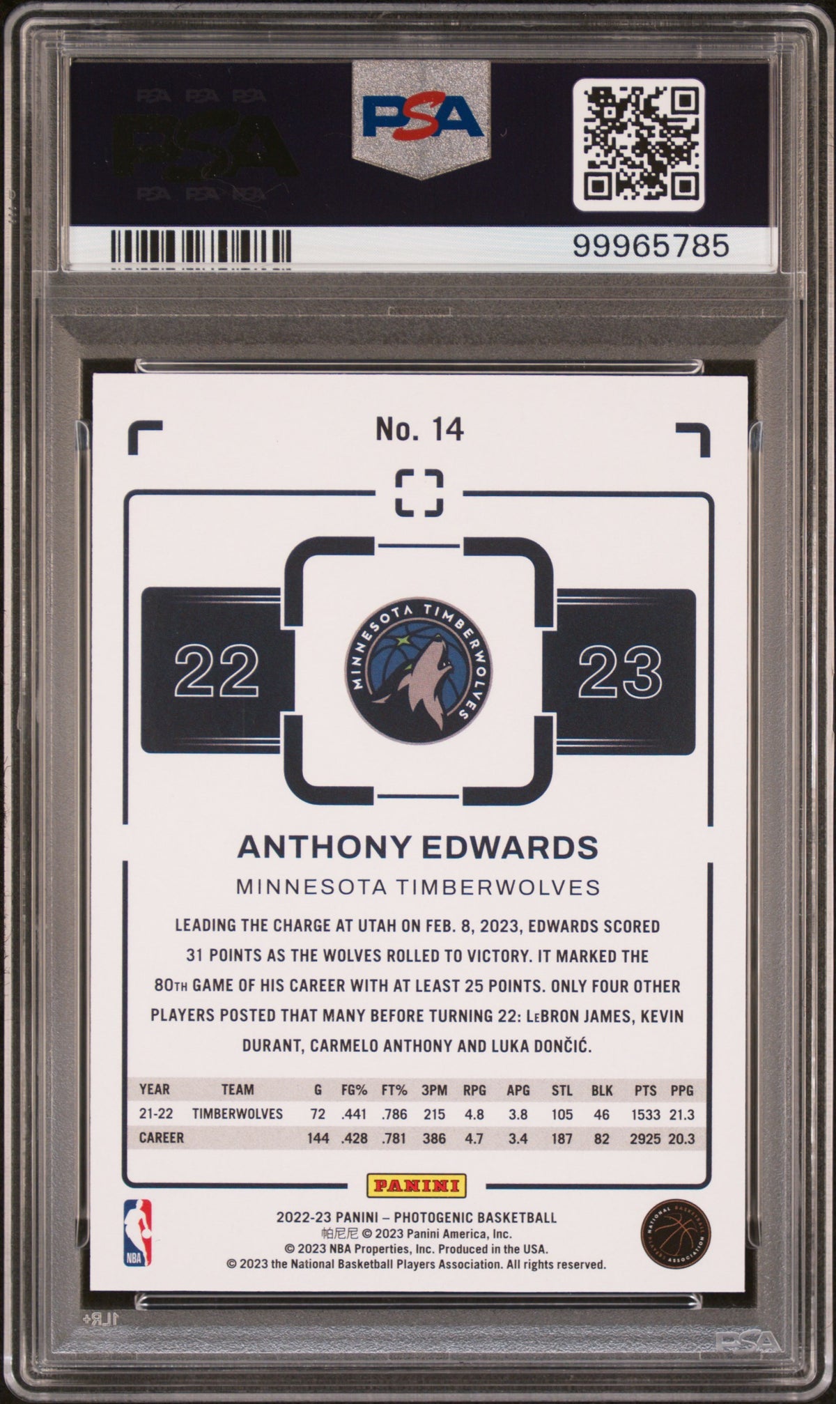 2022 Photogenic - Anthony Edwards - Silver #14 - Numbered to /99 - PSA Graded Card