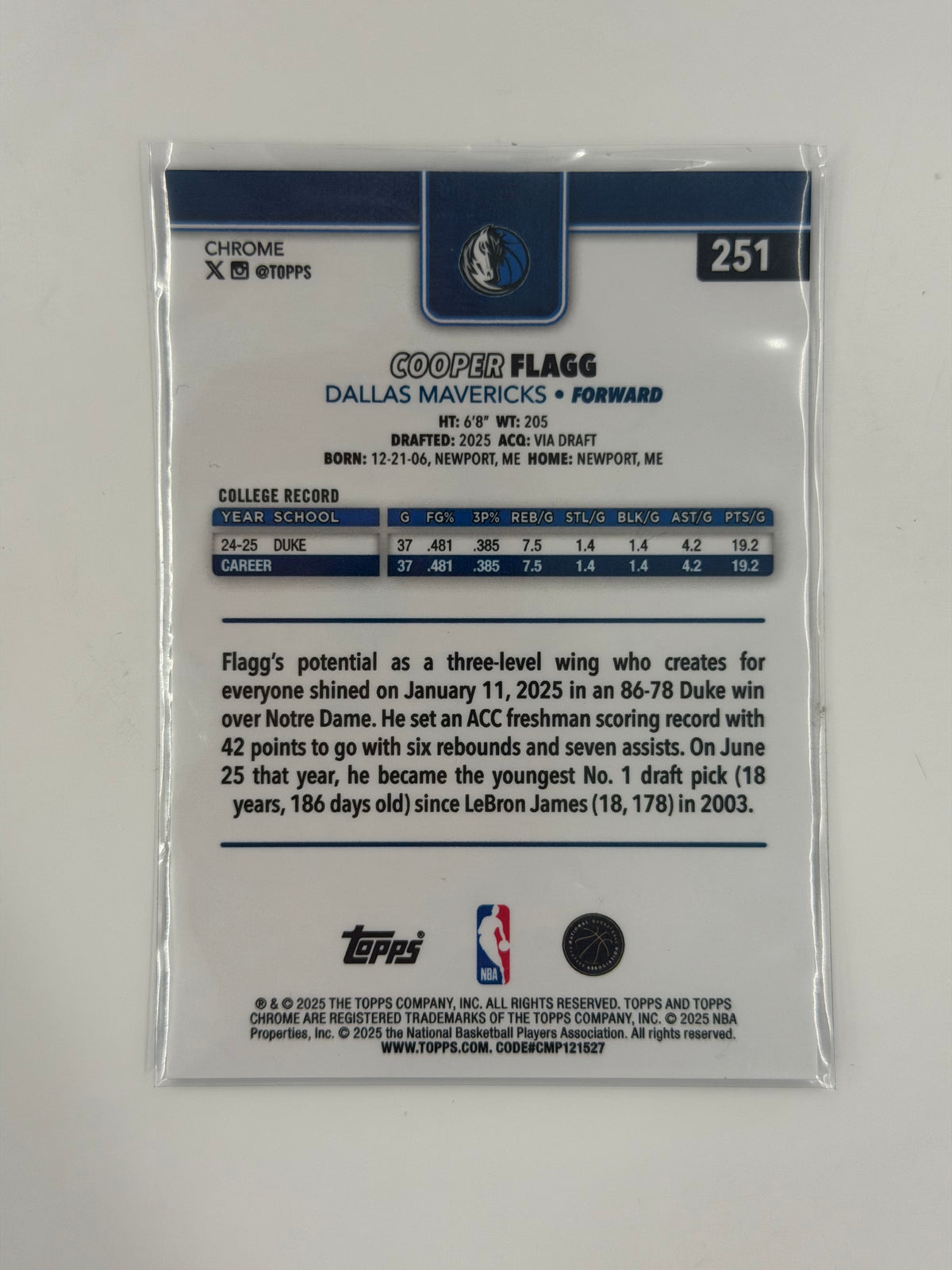 2025 Topps Chrome - Cooper Flagg #251 - Rookie Blue X-Factor - Raw Ungraded Card