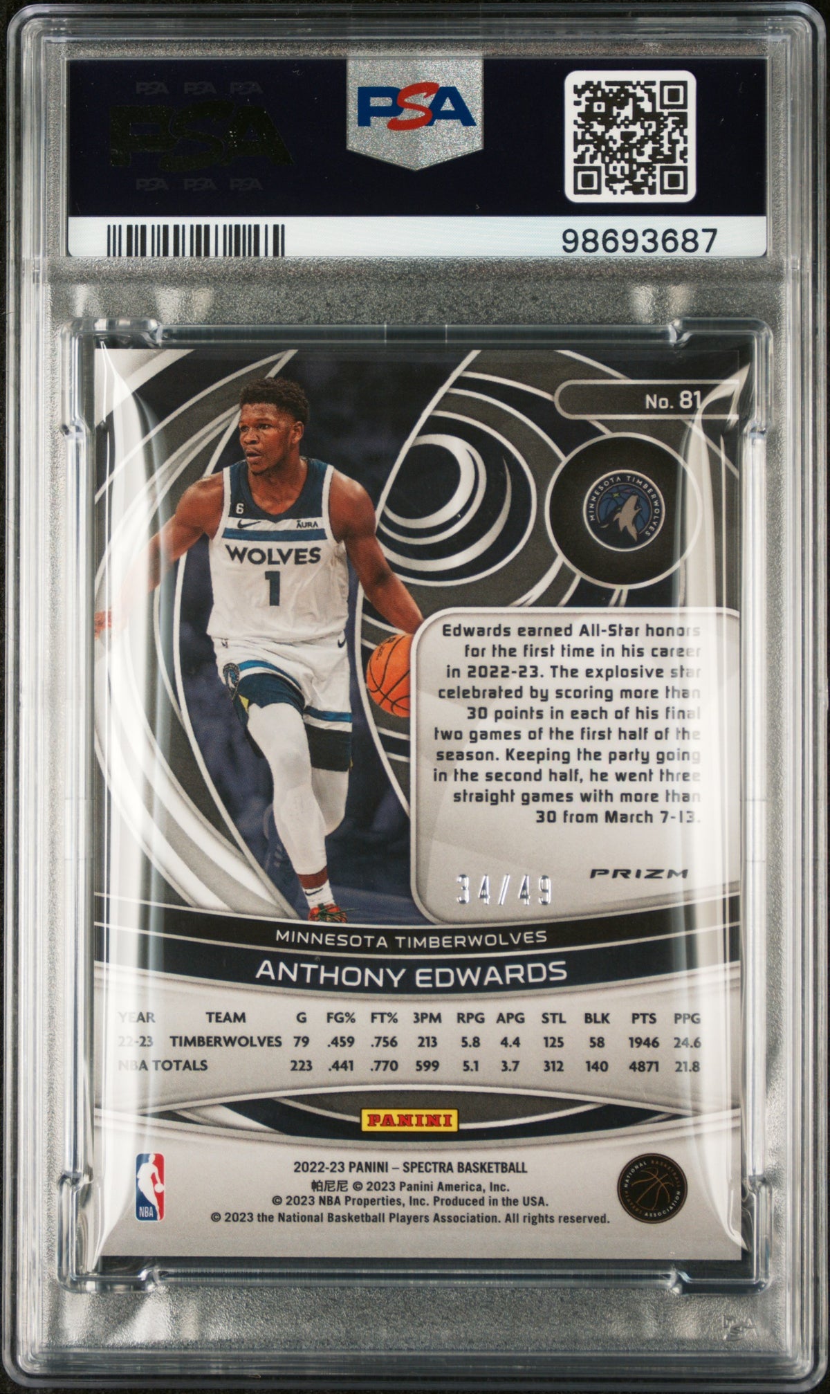 2022 Panini Spectra - Anthony Edwards - Asia Blue & Orange - Limited to /49 - #81 - PSA Graded Card