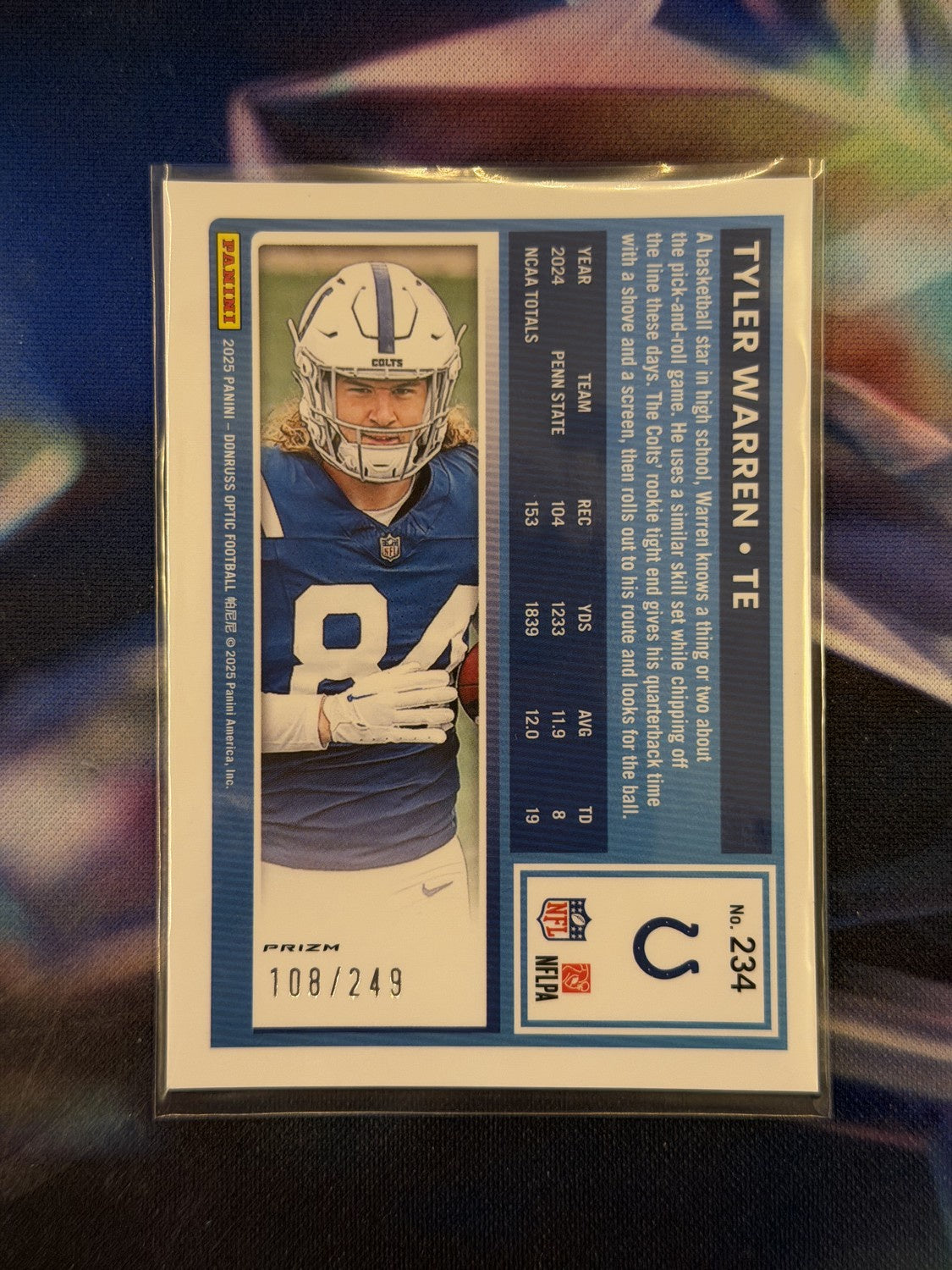 Tyler Warren Rated Rookie Blue Prizm Back - 2025 Donruss Optic