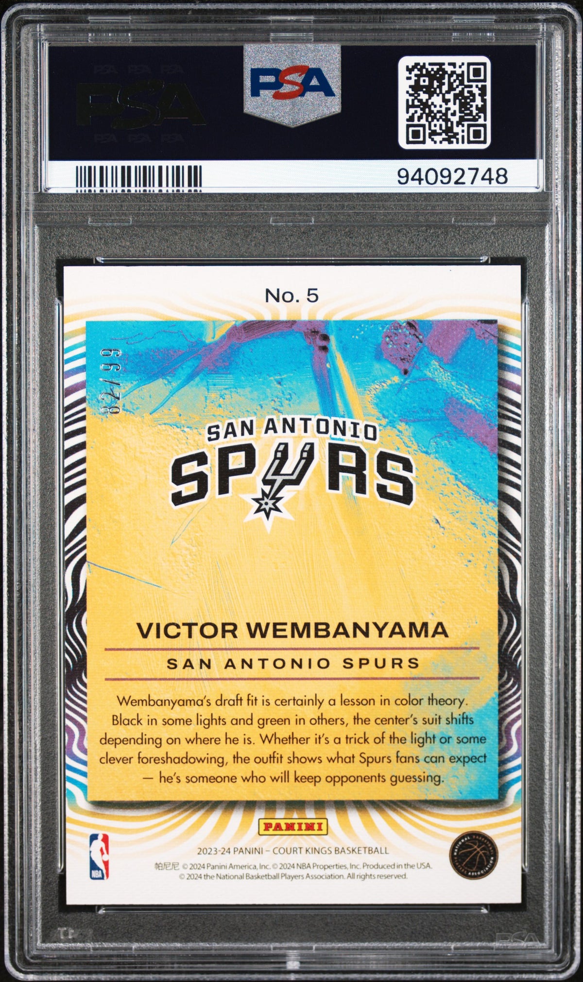 Victor Wembanyama PSA 9 Back - Cert #94092748