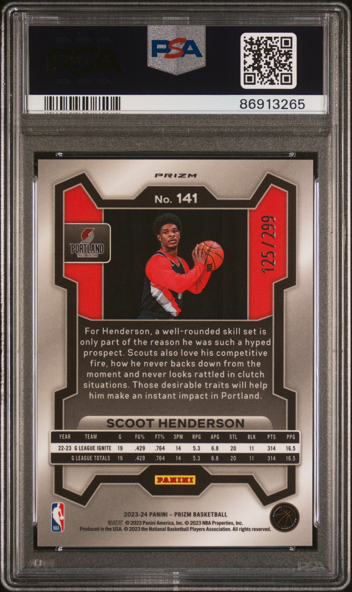 2023-24 Panini Prizm Red Seismic #141 Scoot Henderson - Rookie - PSA 10 - Numbered to /299