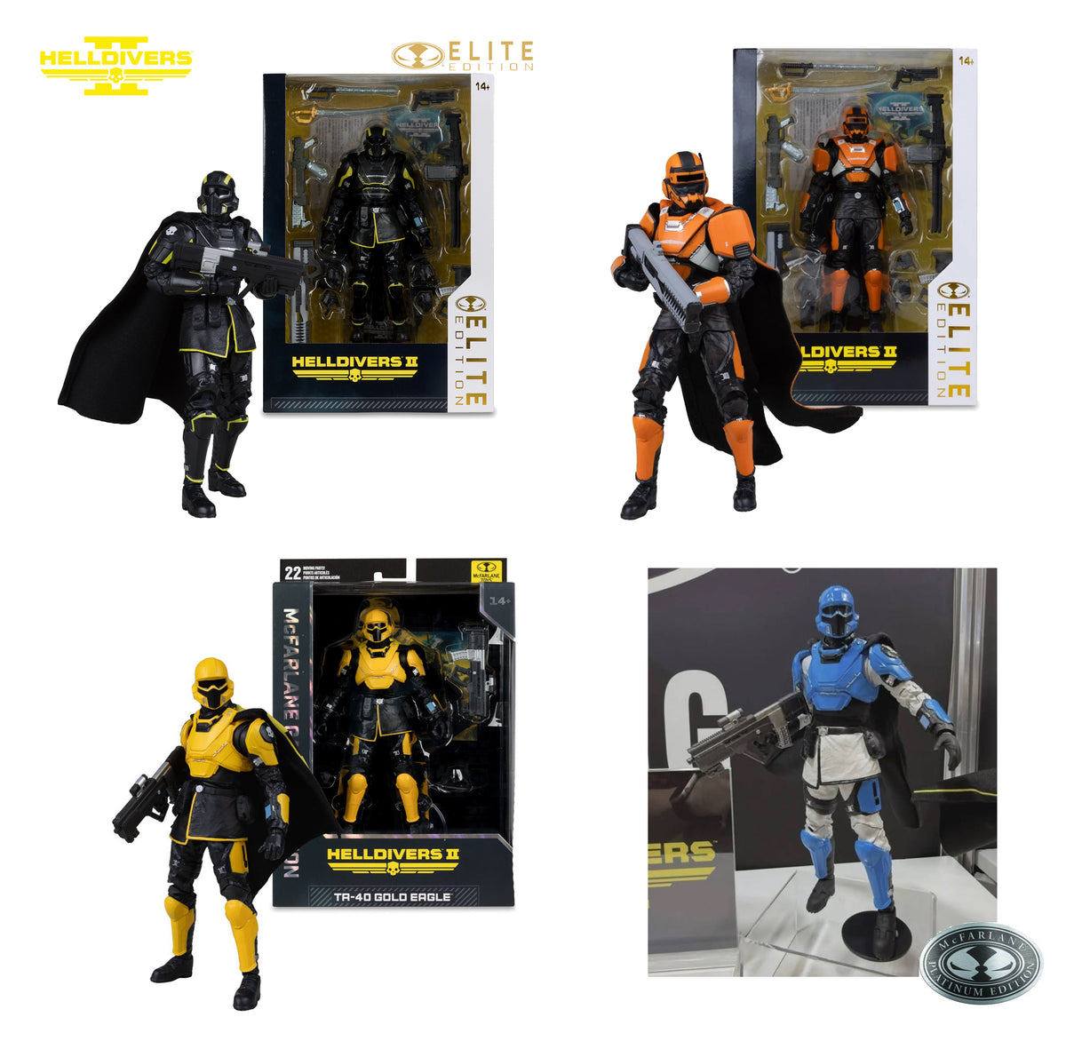 McFarlane Helldivers II Complete Set of 4 - #10 B-01 Tactical + CE-35 Trench Engineer + TR-40 Gold Eagle + TR-7 Ambassador CHASE (PRE-ORDER JULY 2026)