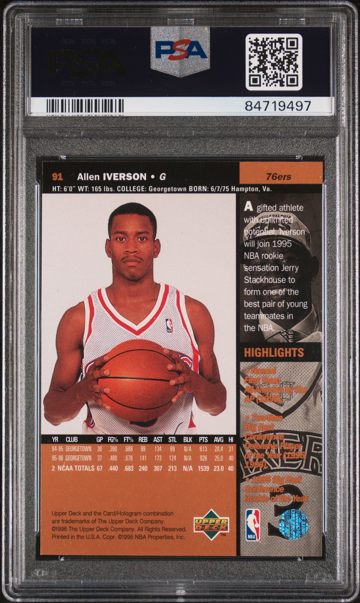 1996 Upper Deck - Allen Iverson - Rookie Card #91 - PSA Graded Card