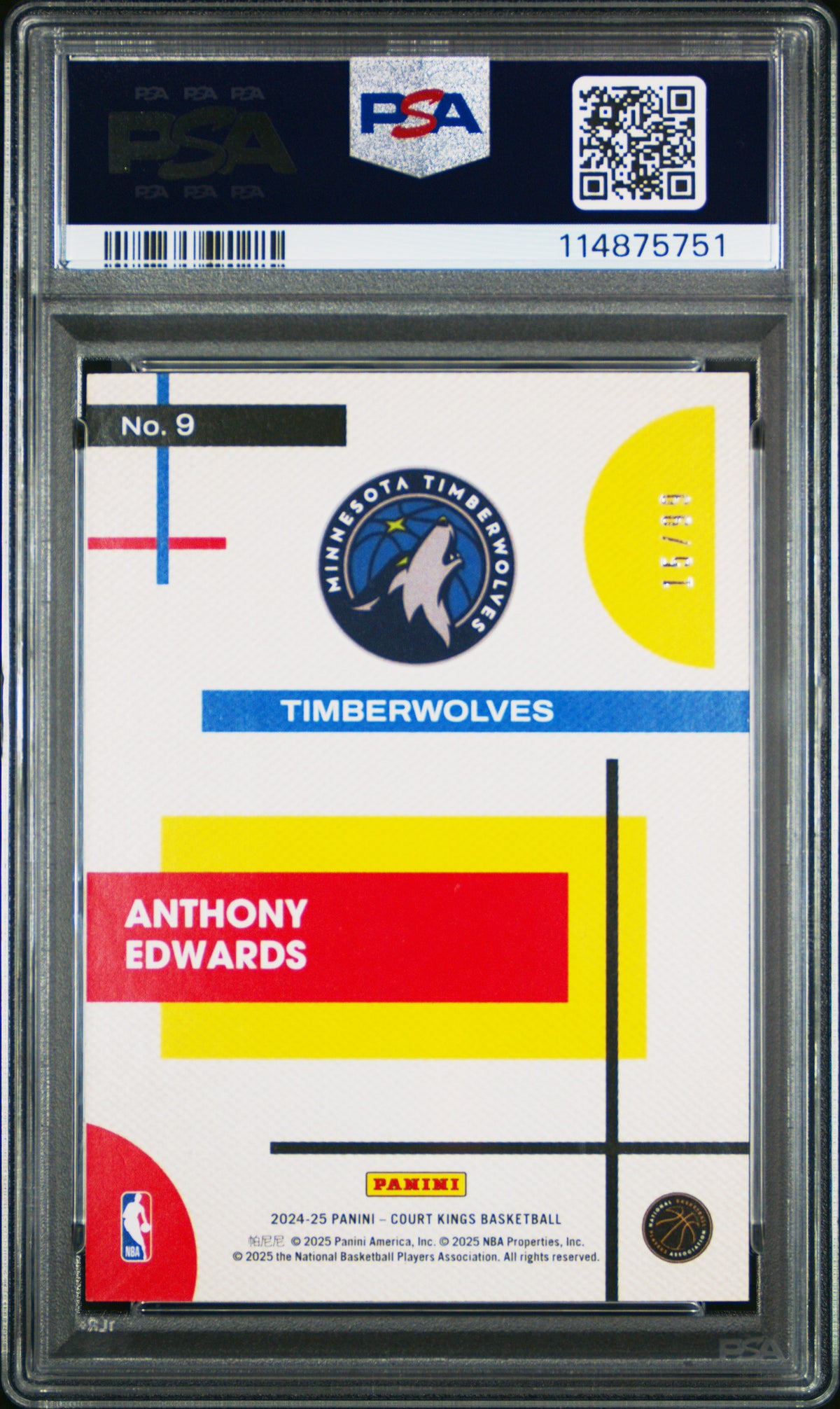 2024 Panini Court Kings Modern Strokes #9 - Anthony Edwards - Strokes-amber {REVIEW} PSA 9 Back - Cert #114875751