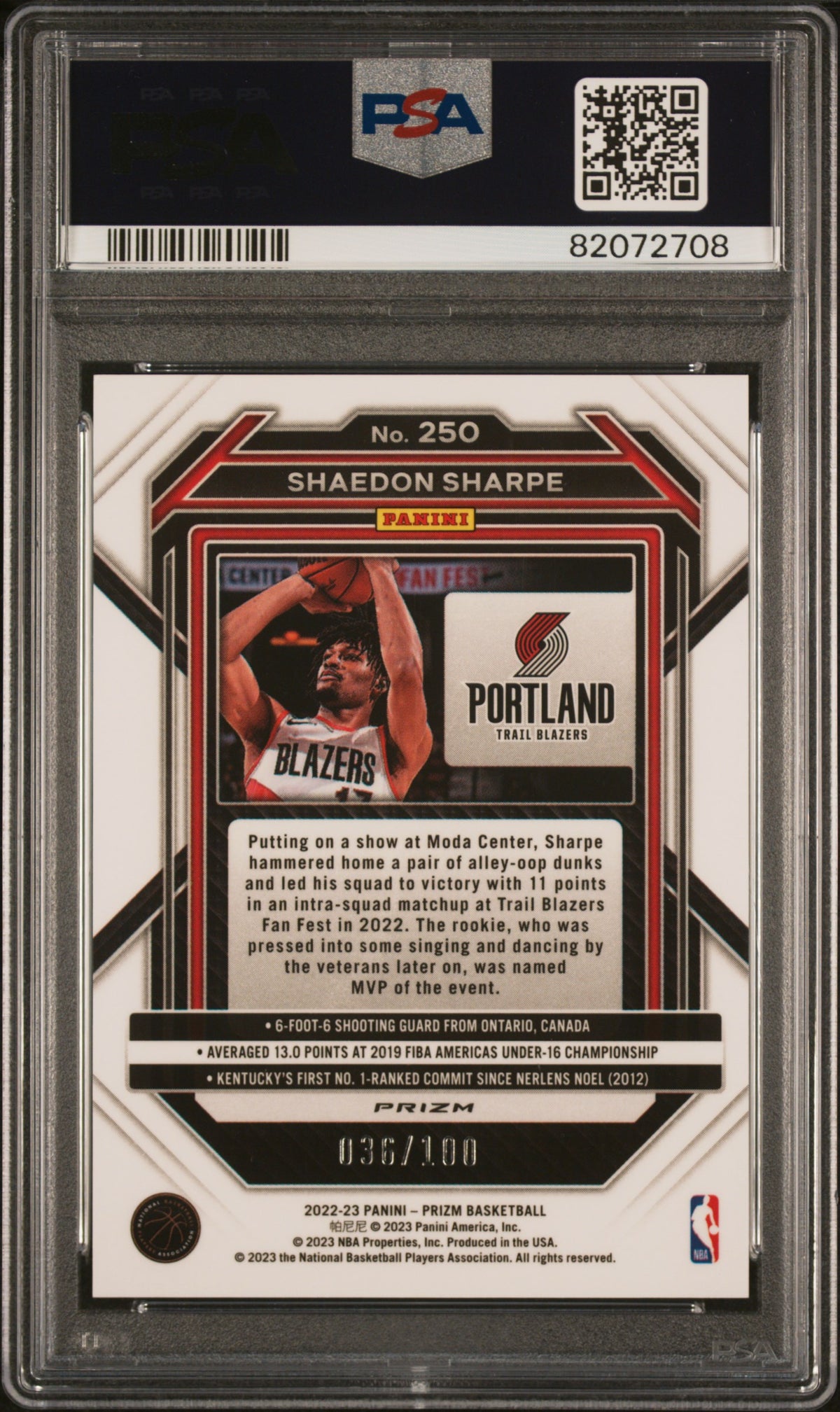 Shaedon Sharpe PSA 9 Back - Cert #82072708