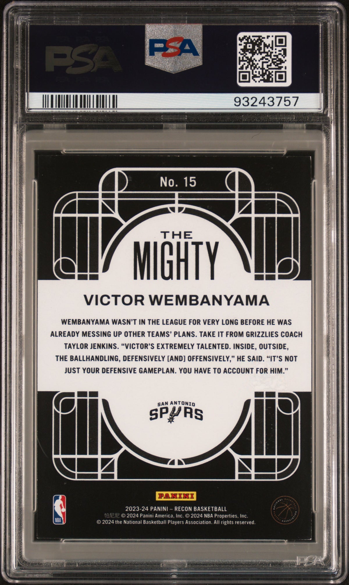 2023 Panini Recon The Mighty #15 - Victor Wembanyama PSA 8 Back - Cert #93243757