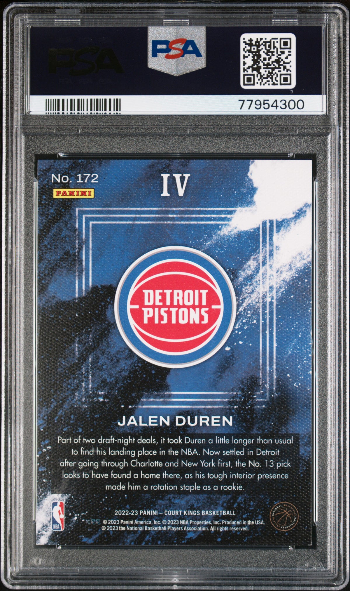 2022 Panini Court Kings #172 - Jalen Duren PSA 9 Back - Cert #77954300