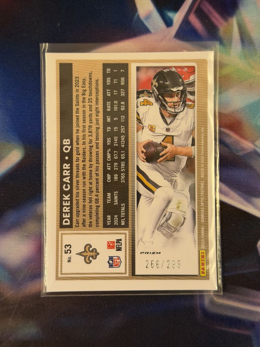 Derek Carr Orange Prizm Back - 2025 Donruss Optic