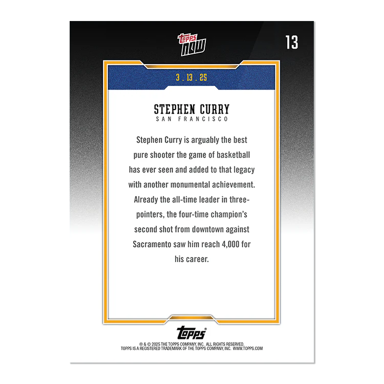 Stephen Curry - 2024-25 Topps NOW® Basketball - Card #13 (PRE-ORDER)