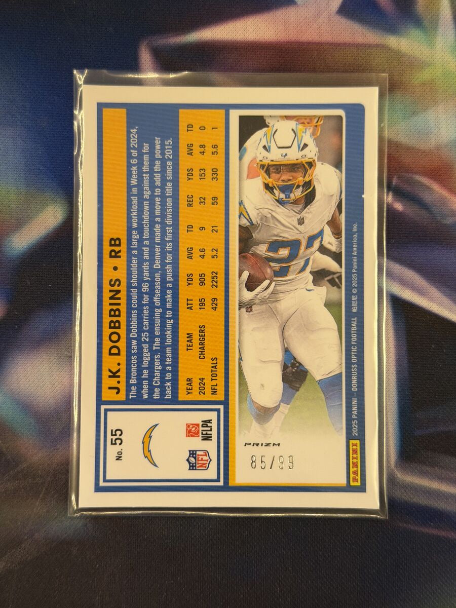 J.K. Dobbins Pink Velocity Prizm Back - 2025 Donruss Optic