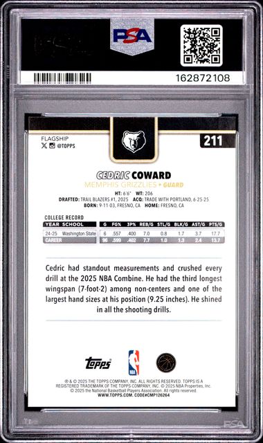 2025 Topps Topps - Cedric Coward - Blackout #211 Rookie Card - PSA Graded Card