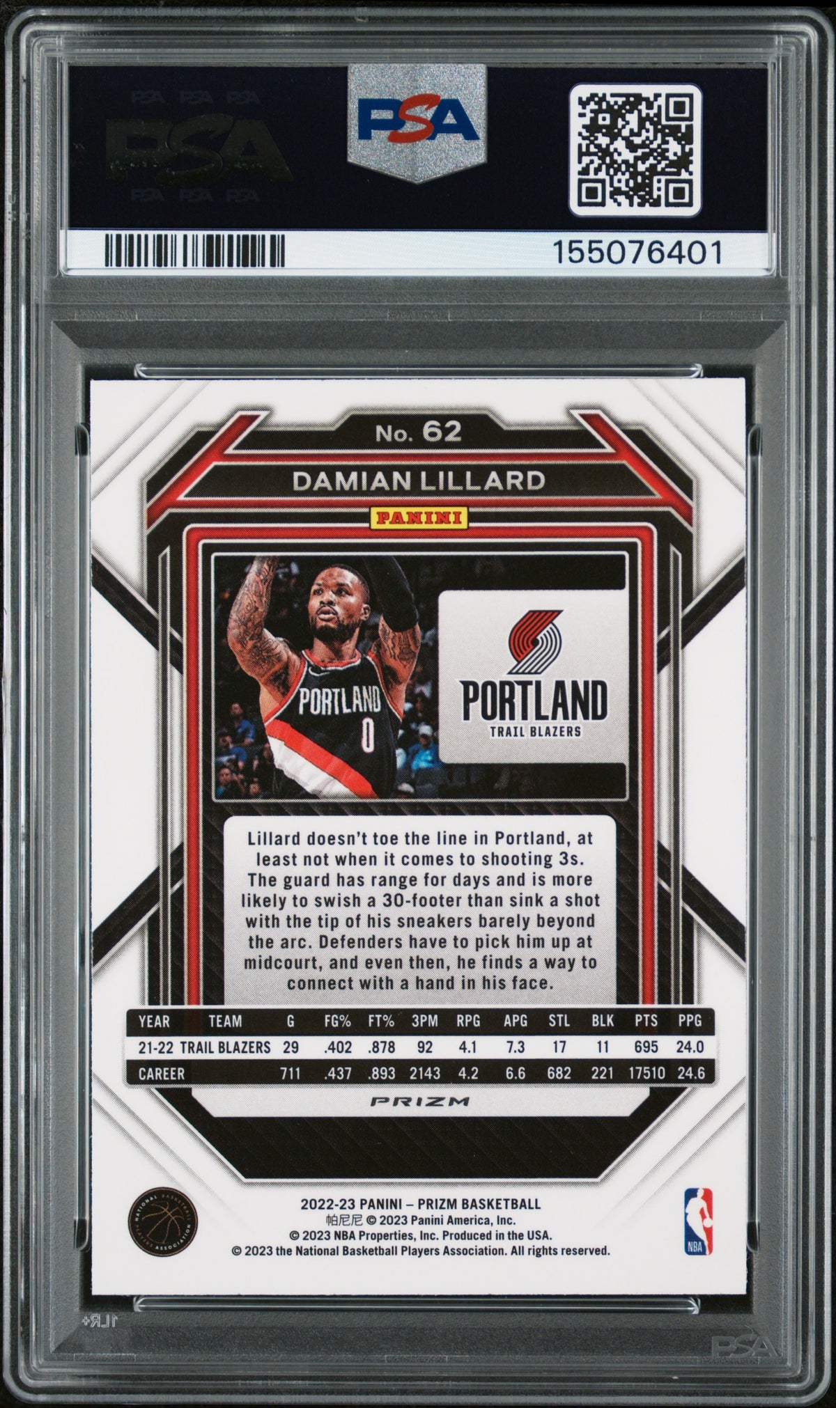 2022 Panini Prizm - Damian Lillard - White Sparkle SSP #62 - PSA Graded Card
