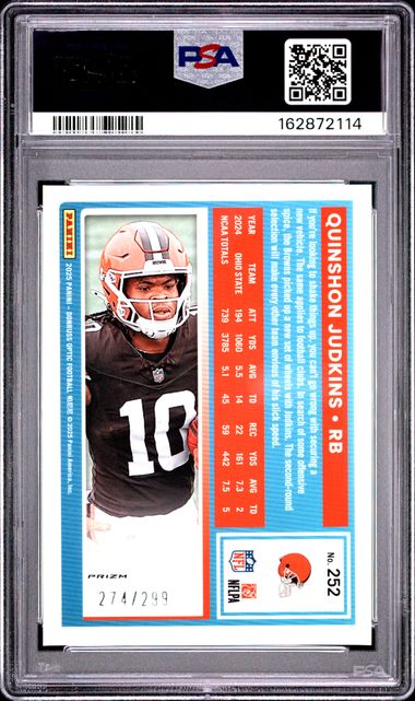 2025 Panini Donruss Optic Panini Donruss Optic - Quinshon Judkins - Orange Rookie Limited to /299 #252 - PSA Graded Card