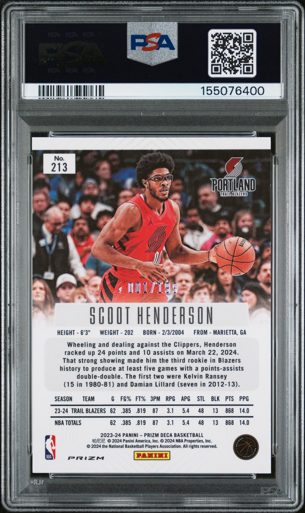 2023 Panini Prizm Deca - Scoot Henderson - Red Prizm Rookie /199 #213 - PSA Graded Card