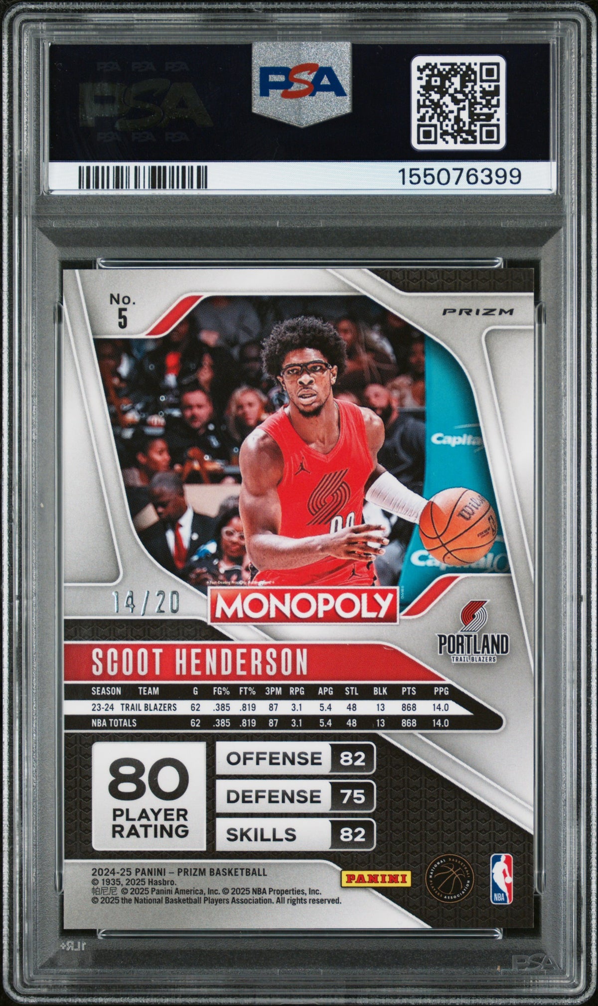 2024 Panini Prizm Monopoly - Scoot Henderson - Green Millionaire Shimmer Limited to /20 #5 - PSA Graded Card
