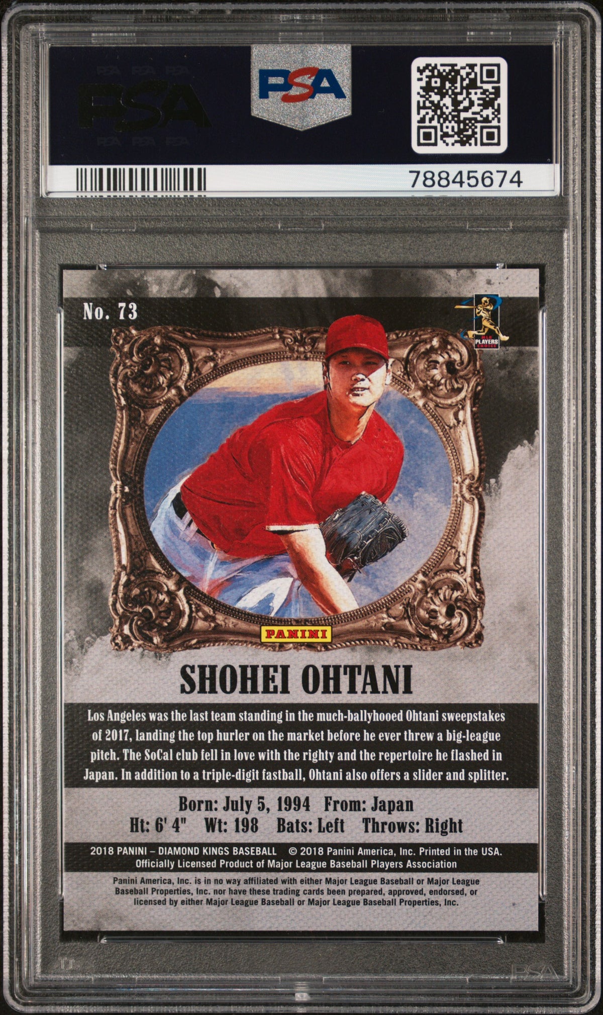 2018 Panini Diamond Kings - Shohei Ohtani - Name in Japanese - Red Frame #73 - PSA Graded Card