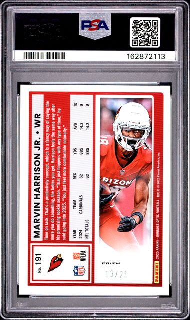 2025 Panini Donruss Optic Panini Donruss Optic - Marvin Harrison Jr. - Black Pandora Limited to /25 #191 - PSA Graded Card