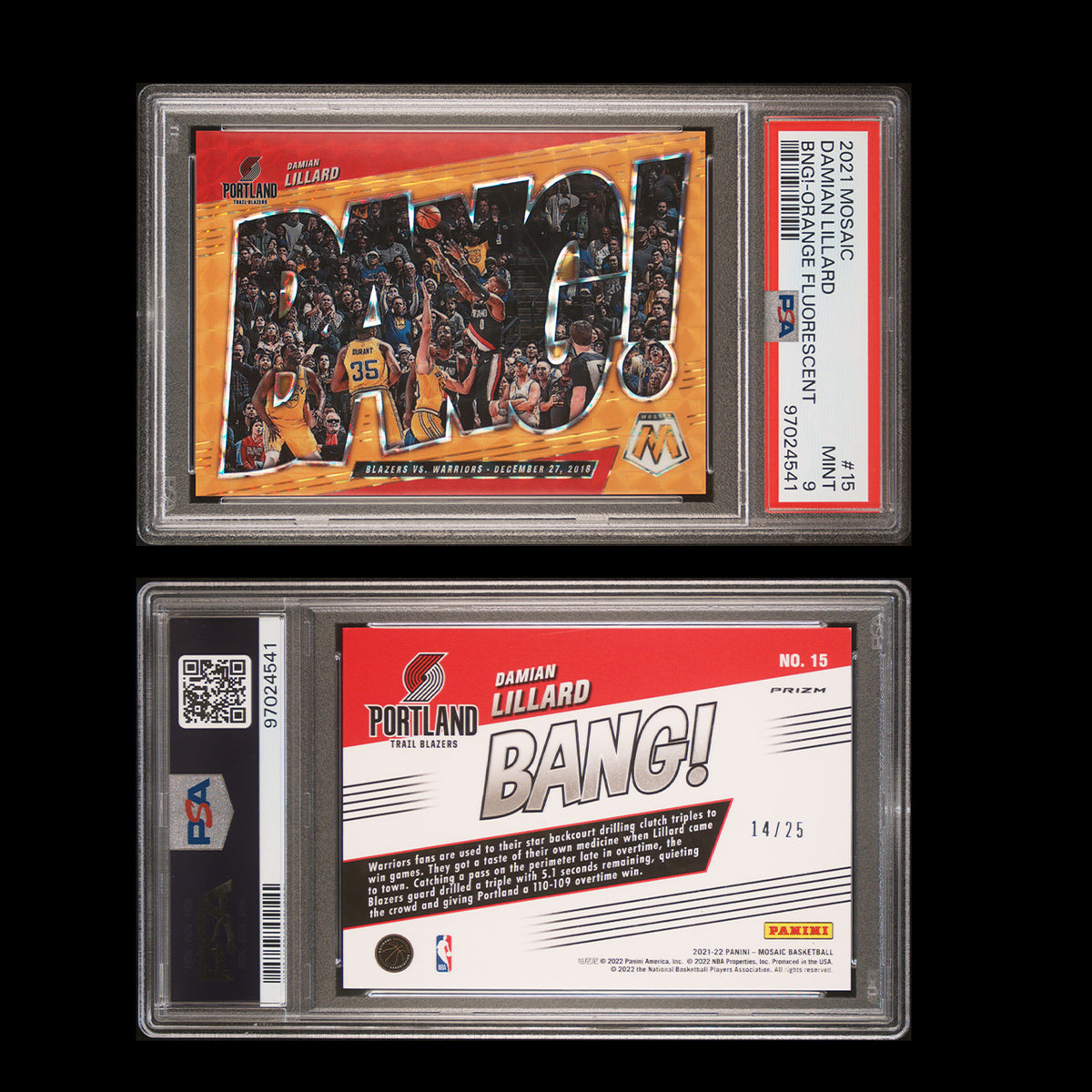 2021-22 Mosaic - Damian Lillard BANG! - #15 Orange Florescent - Limited to 25 - PSA Graded Card