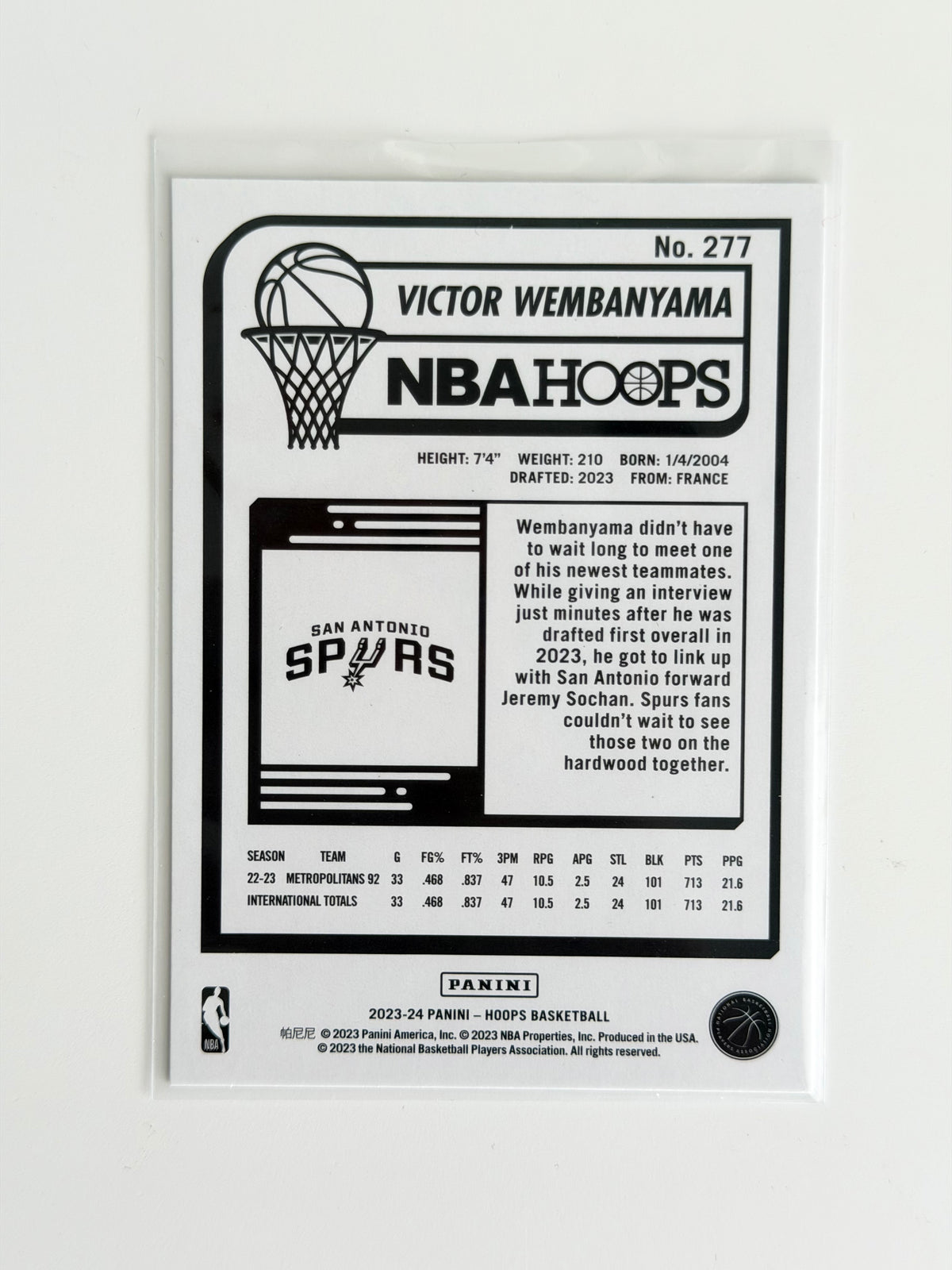 2023-24 Panini - Victor Wembanyama - NBA Hoops #277 - Rookie - Raw Ungraded Card
