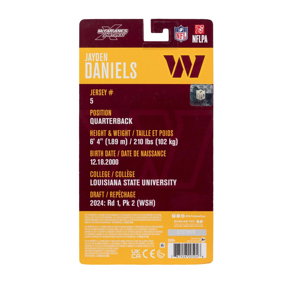 NFL McFarlane's SportsPicks Wave 2 Washington Commanders Jayden Daniels 6-Inch Action Figure (PRE-ORDER NOVEMBER 2026)