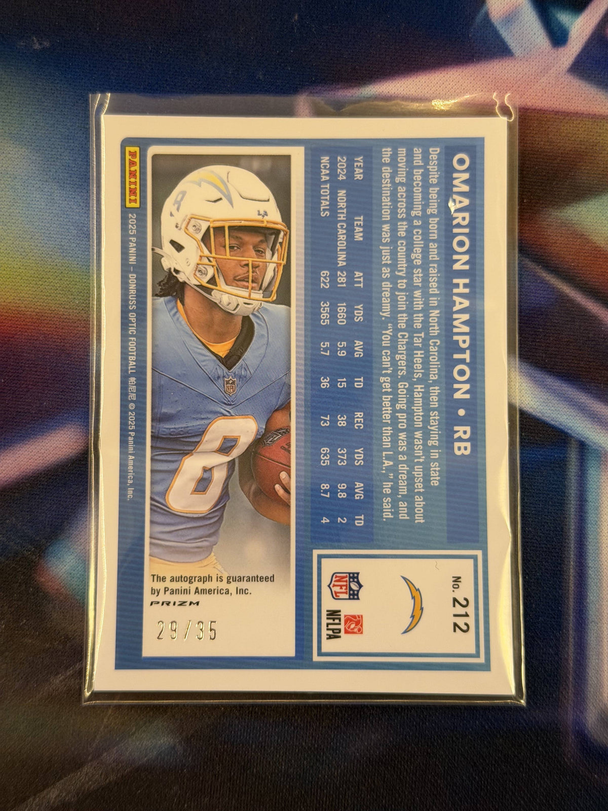 Omarion Hampton Rated Rookie Auto Black Pandora Prizm Back - 2025 Donruss Optic