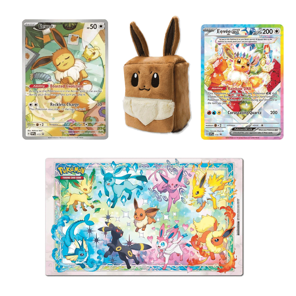 Pokemon - Eevee #173 ETB Promo + Eevee #174 SPC Promo +  Eevee Fuzzy Deck Box + Evolutions Playmat
