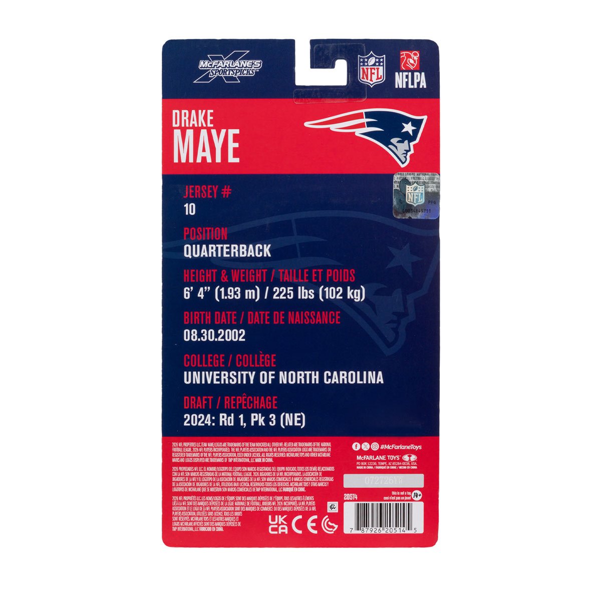 NFL McFarlane’s SportsPicks Wave 2 New England Patriots Drake Maye 6-Inch Action Figure (PRE-ORDER NOVEMBER 2026)