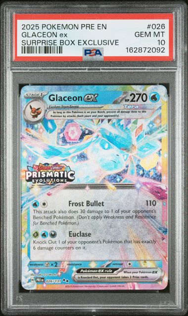 2025 Pokemon Prismatic Evolutions - Glaceon Ex - Surprise Box Exclusive Stamped #026 - PSA Graded Card