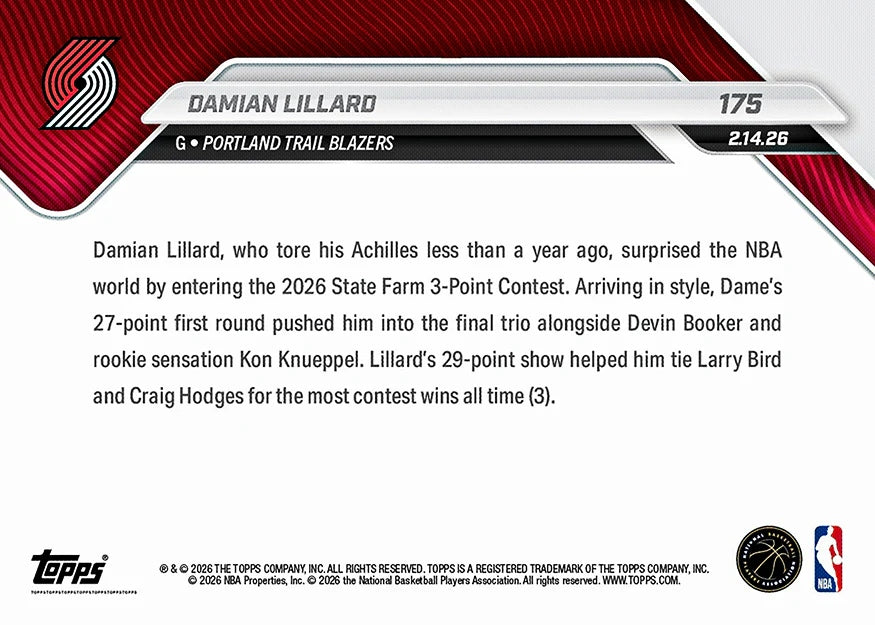 2025-26 Topps NOW NBA #175 Damian Lillard - Trail Blazers - Third 3-PT Contest Win Ties for Most Ever /2205 - Raw Ungraded Card