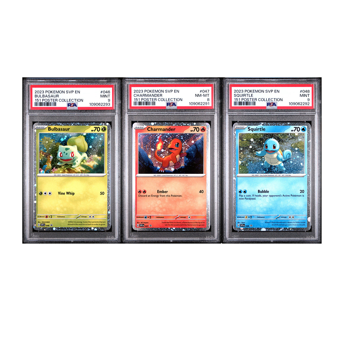 2023 Pokemon SVP-EN - 151 Poster Collection PSA Cosmos Holo Promo Set - Bulbasaur #046 - Charmander #047 - Squirtle #048