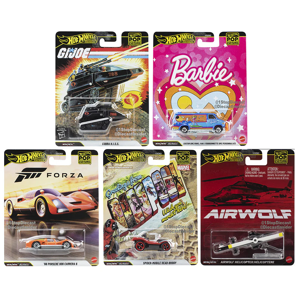 Hot Wheels Premium - Pop Culture 2026 Mix 2 - Complete Set of 5 (Forza, Barbie, Spider-Mobile & More)