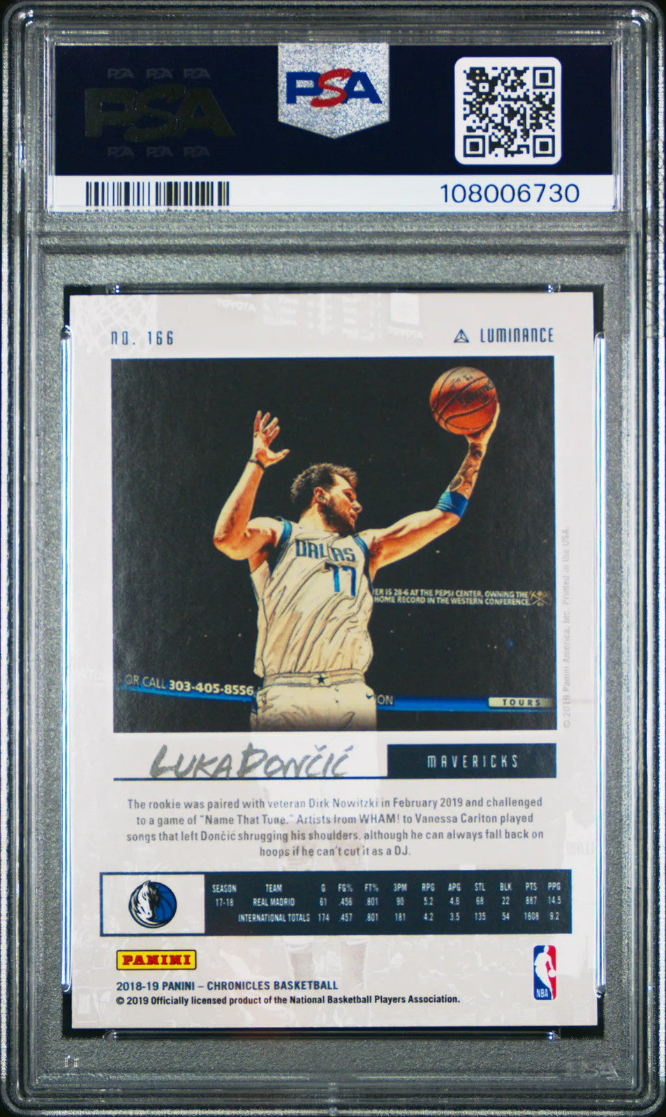 2018 Panini Chronicles - Luka Doncic - Luminance Rookie #166 - PSA Graded Card