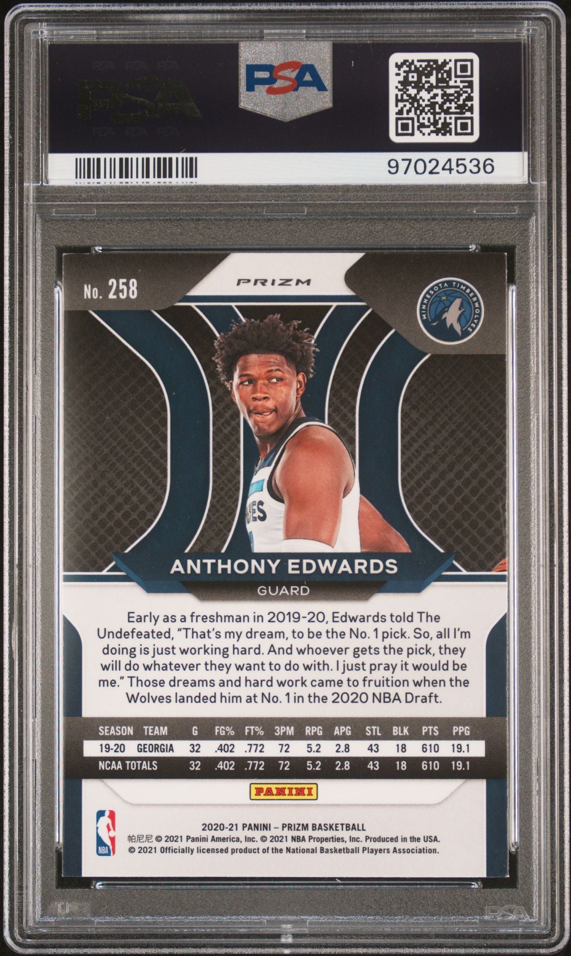 2020-21 Panini Prizm - Anthon Edwards - Blue Wave Rookie Card #258 - PSA Graded Card