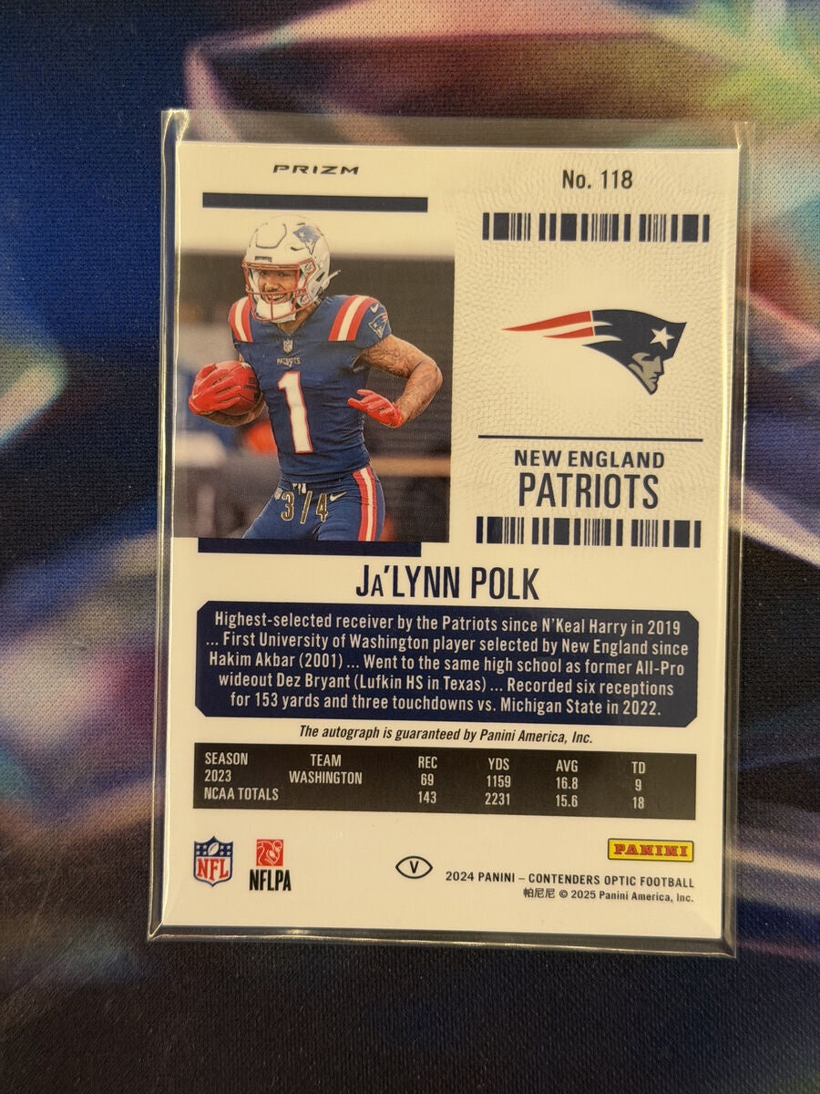 Ja'Lynn Polk Rookie Ticket Auto Neon Marble Back - 2024 Donruss Optic