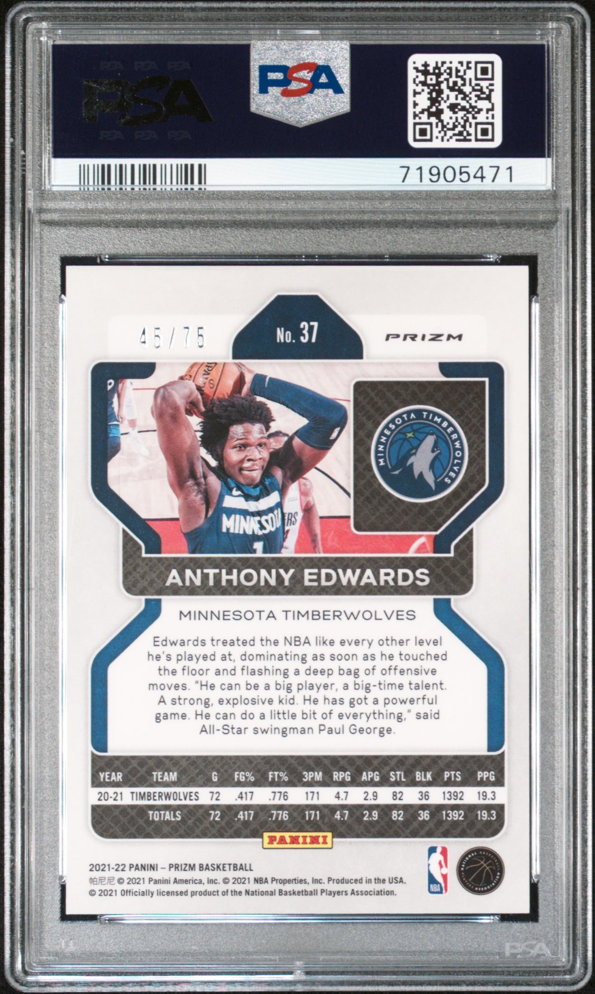 2021 Prizm - Anthony Edwards - NBA 75th Red Diamond Prizm - Limited to /75 - #37 - PSA Graded Card